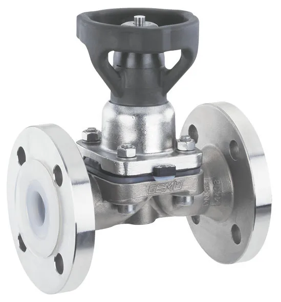 The GEMUe 653 2/2-way diaphragm valve has a stainless steel bonnet and is manually operated - Made in Germany