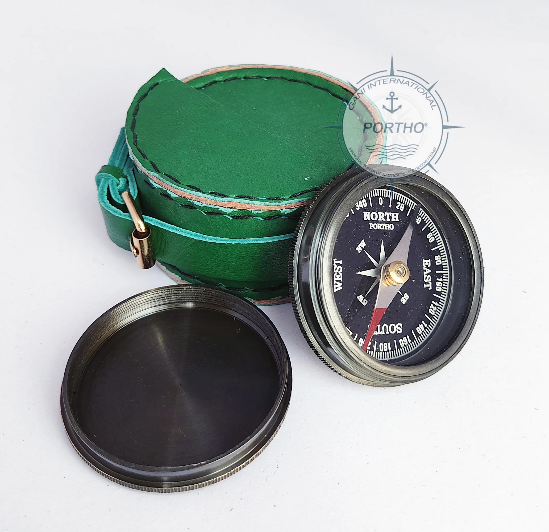Antique Brass Pocket Compass with Leather Case Camping Hiking Directional Magnetic Compass Gift