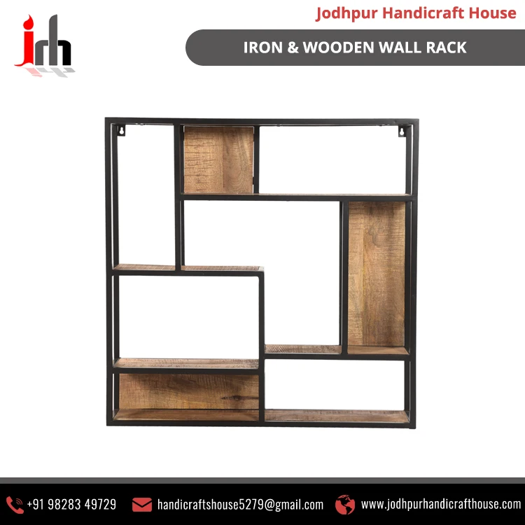  Промышленный и Винтажный Индийский Железный Металл твердый древесина манго индийский дизайн стена стеллаж