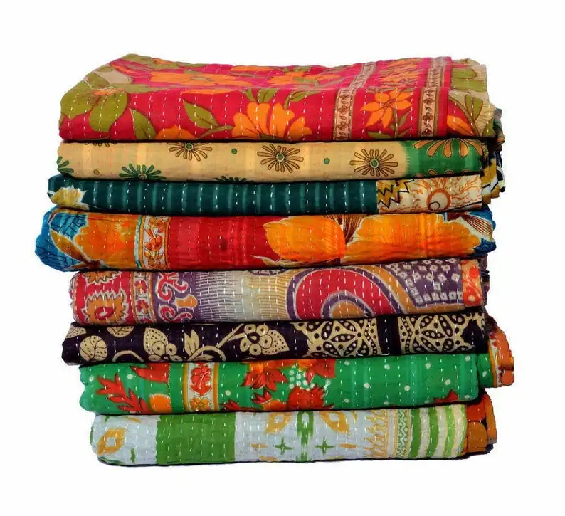 wholesale lot of indian vintage kantha quilt handmade throw reversible blanket bedspread cotton fabric bohemian quilt
