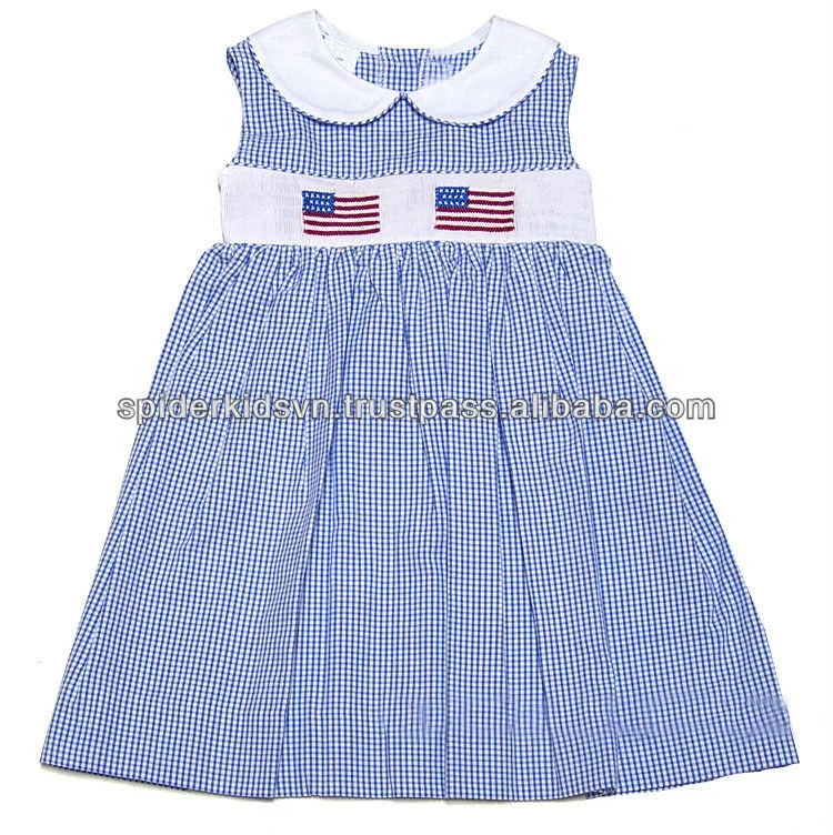 4th of July Royal Blue Gingham Baby Dress Patriotic American Flag Smocked Cotton Summer Season for 6 7 9 Years Children