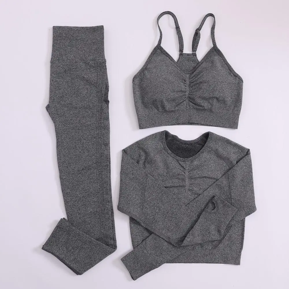 Wholesale High Quality Women 3 Piece Crop Top Sports Bra Leggings Workout Clothing 3 Piece Seamless Yoga Set
