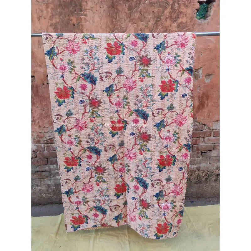 Легкое Персиковое красивое цветочное индийское Хлопковое одеяло Kantha ручной работы с цветочным принтом оптом покрывало