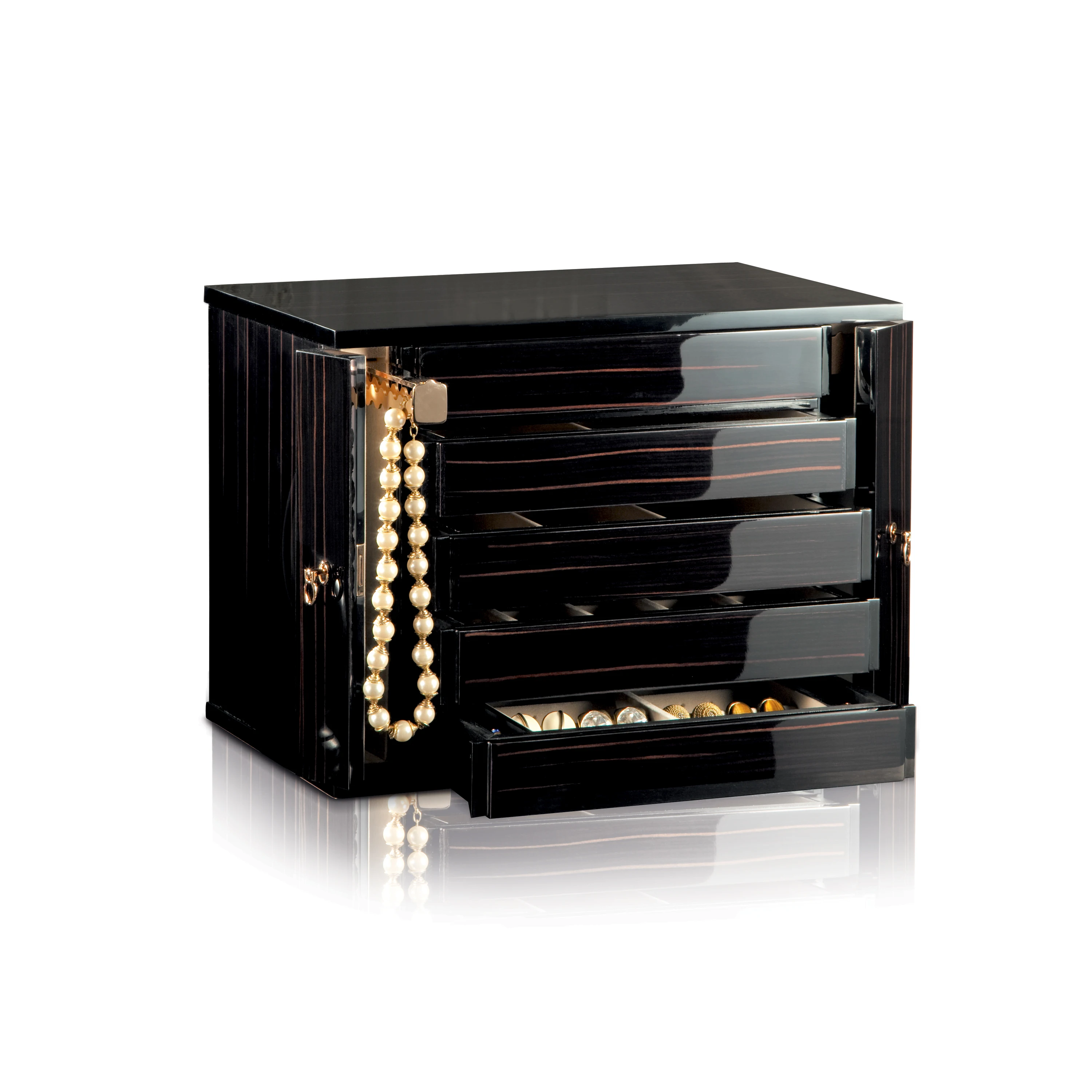 Ювелирный сундук из черного дерева с полированной отделкой, аксессуары из латуни с золотым покрытием 24 карата. Комод с 5 ящиками, два выдвижных ожерелья