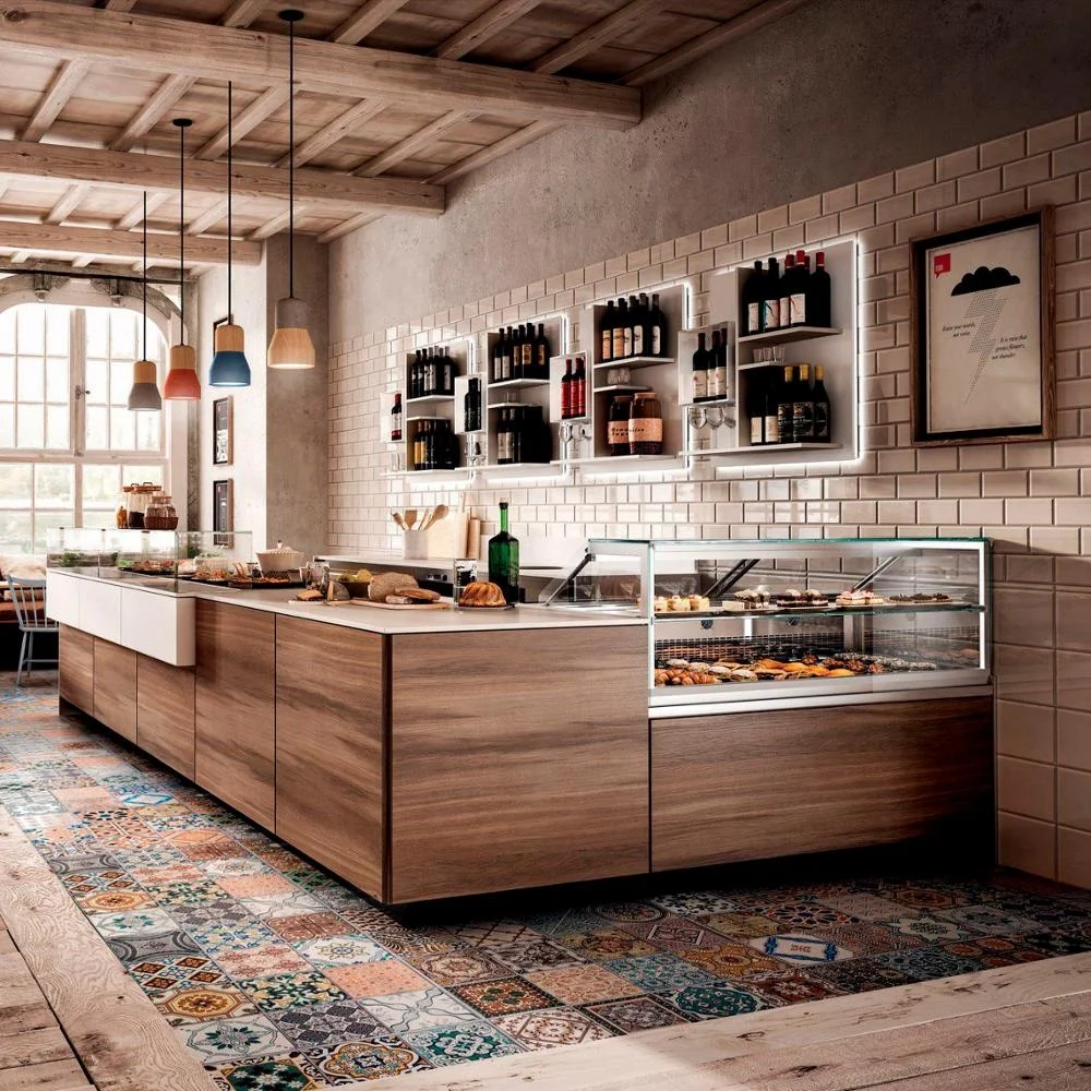 Wooden Bar Counter Upright L-Shapee Bakery Shop Interior Design Ice Cream Display Cabinet