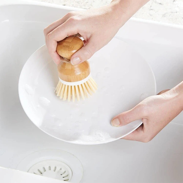Household Cleaning Bamboo Mini Scrub Brush Coconut Bristles Pot Brushes Dish Scrubber for Kitchen Sink, Bathroom