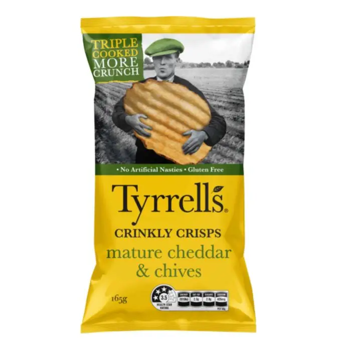 Australian Made Tyrrells Crinkly Potato Crisps 165g  - Mature Cheddar Cheese & Chive