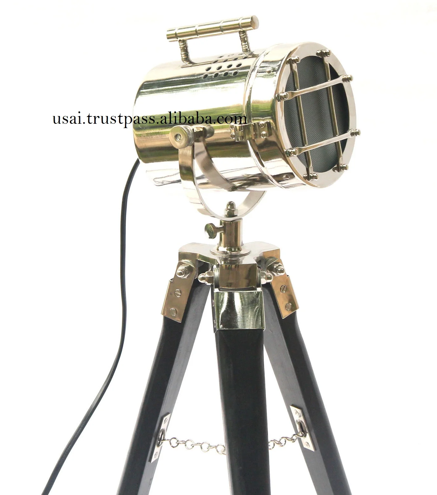 PREMIUM QUALITY NICKEL PLATED SEARCHLIGHT ON WOODEN BLACK TRIPOD STAND ~ NAUTICAL SPOTLIGHT LAMP ON STAND
