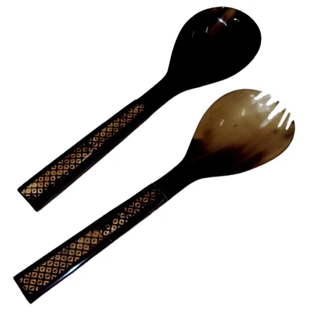 Natural Horn and Resin Salad Server Solid Buffalo horn Fork and Spoon With Resin Handle