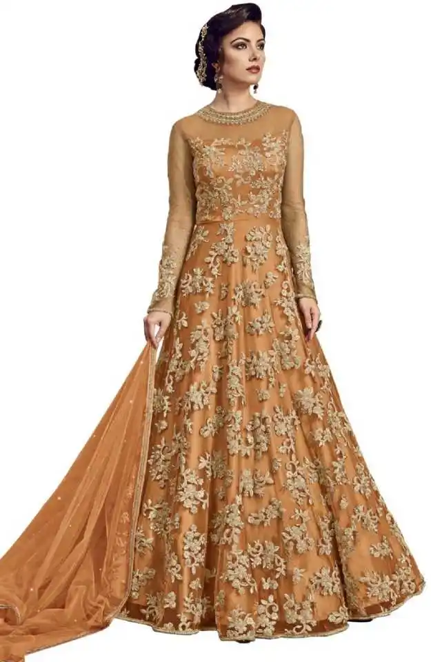 NEW DESIGNER EMBROIDERED NET SEMI  STITCHED ANARKALI GOWN BY OMVAGMINE