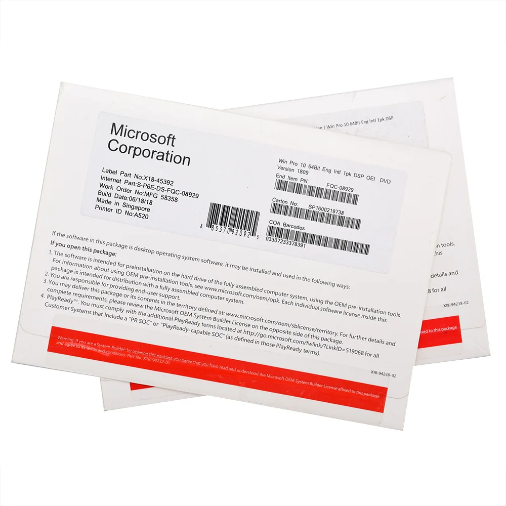 100% Working Microsoft windows 10 Pro key 64 bit DVD OEM Package windows 10 professional FPP coa sticker