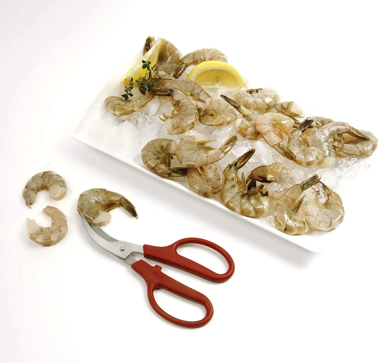 Plastic red handle curved sharp blade stainless steel Shrimp/Prawn Deveiner, Peeler scissors Made in Pakistan