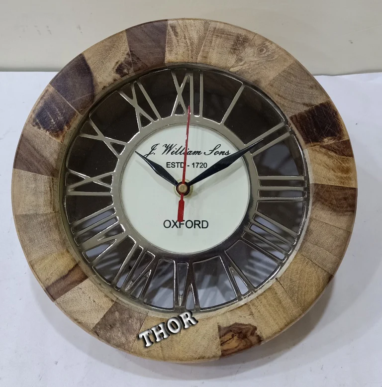 High Quality Natural Wooden round Table Clock Handicraft Home Decor for Living & Bedroom Wall Quality Metal Material