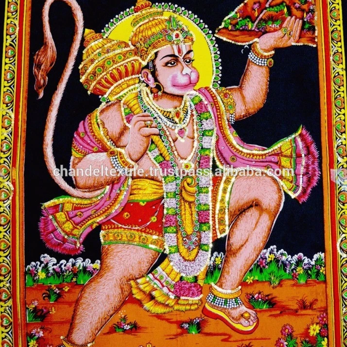 Indian Lord Hanuman Batik Sequence Wall Hanging Art Wall decor cotton Tapestry Wall Hanging Good luck charm Ethnic Wholesale lot