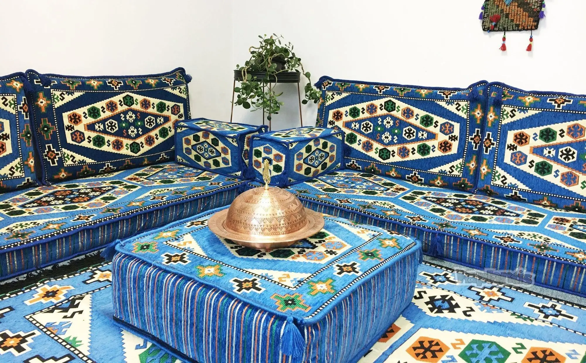 Hookah Bar Nargile Arabic Seating Floor Cushion Set Blue with 22 Density Foam Fillings