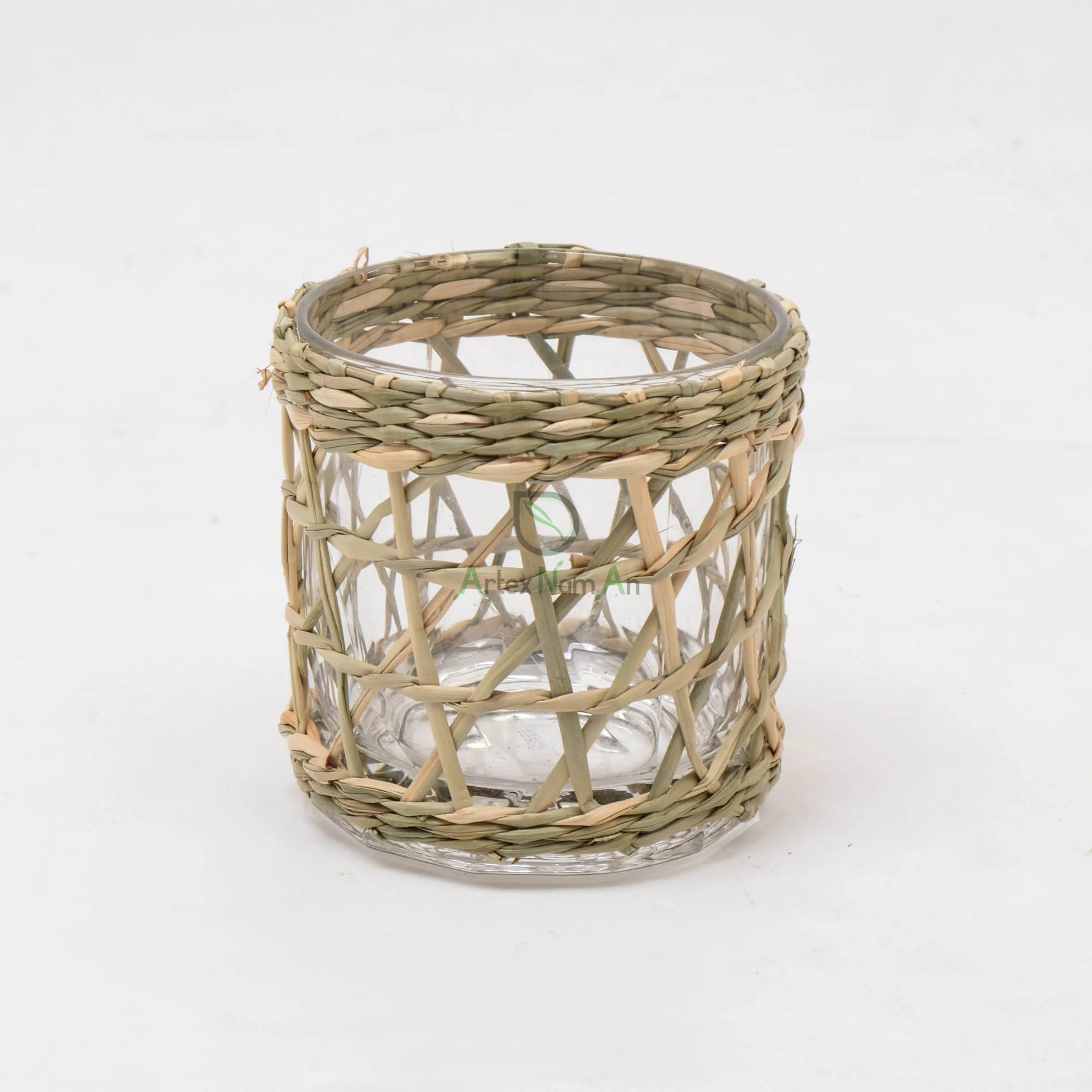 Modern Eco-Friendly Glass and Seagrass Candle Holder Handmade round Lantern with Metal Cup for Home Decoration