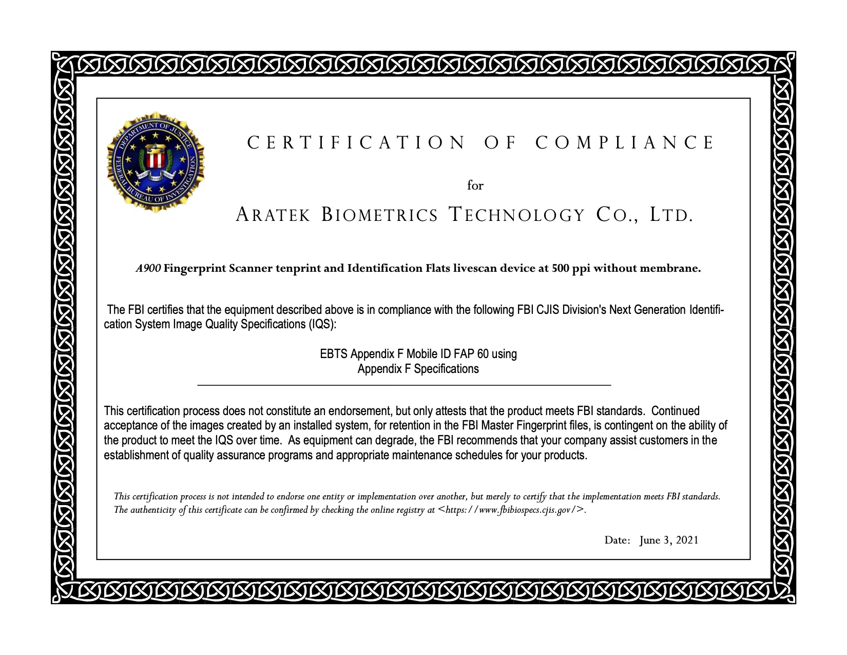 Aratek A900 FBI FAP 60