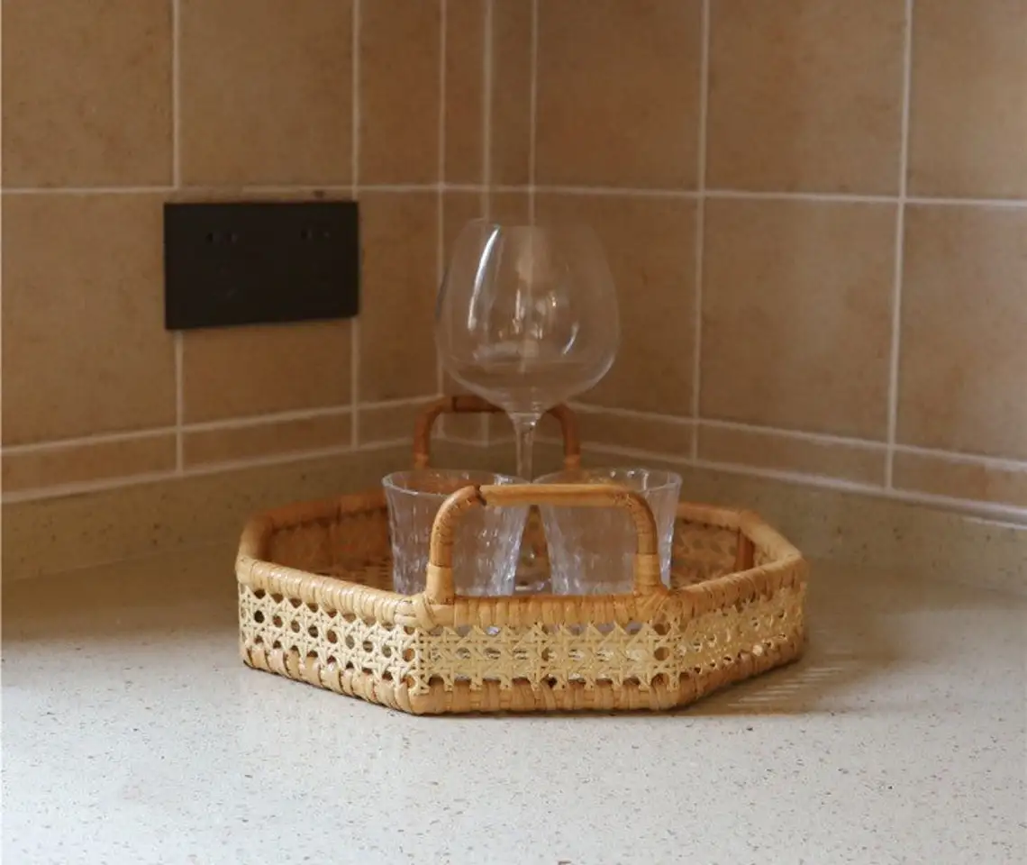 Polygon Rattan Serving Tray with Handles, Ottoman Tray for Living Room Wholesale Vietnam Supplier