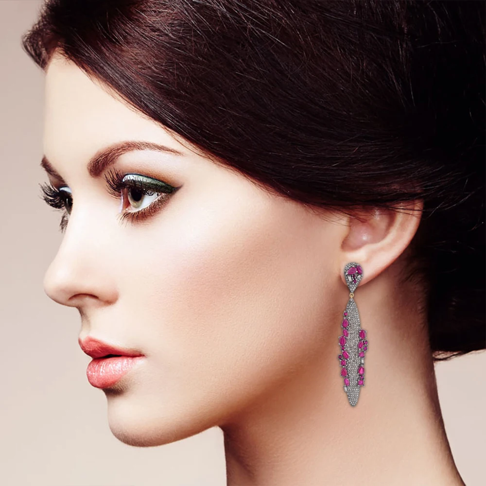 Ruby Gemstone Natural Pave Diamond 14k Gold, 925 Silver Pave Diamond Designer Marquise Dangle Earrings Jewelry Wholesale