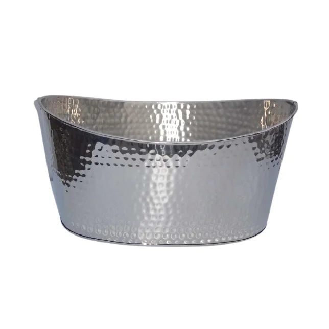 Stainless Steel Hammered Beverage Tub With Leather Handle Double-Walled Insulated Silver Ice Bucket Champagne Bucket