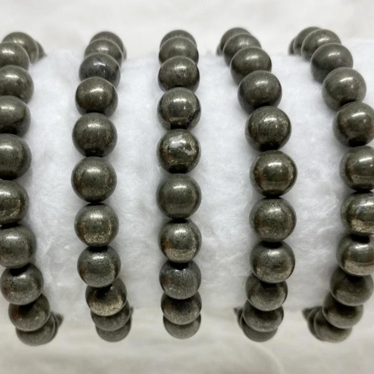 8mm Natural Pyrite Stone Beaded Bracelet ,Pyrite Gemstone Bracelet 4mm To 8 mm ,3 Cord strong Rubber Bead Bracelet