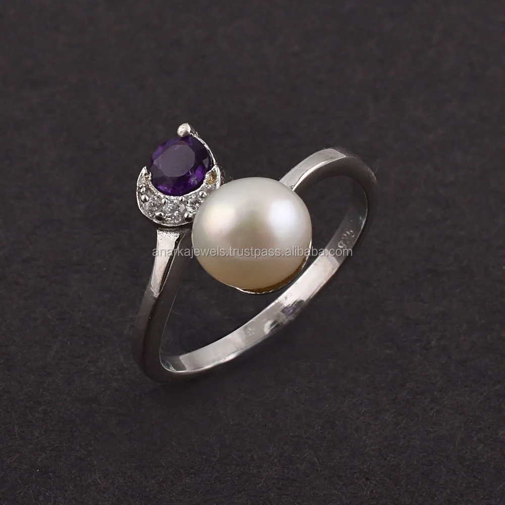 
Vintage Freshwater White Pearl 925 Sterling Silver Amethyst Gemstone Ring Pearl Women Ring Pearl Jewelry 