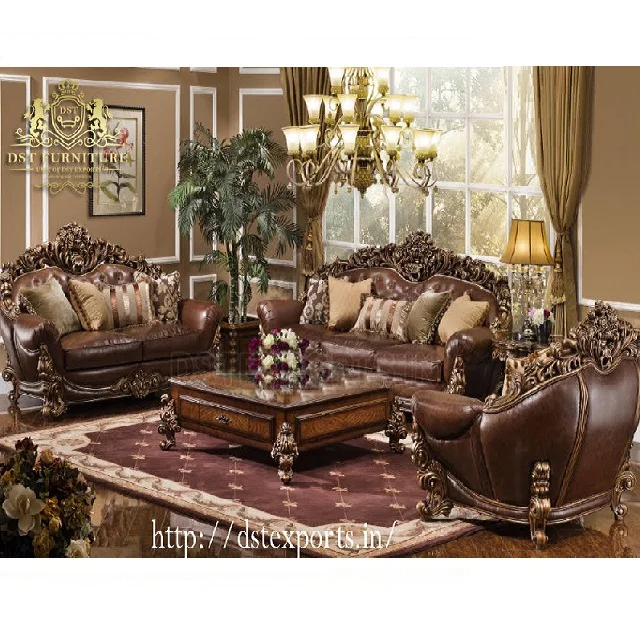 Modern Chesterfield Leather Sofa Set for Home Brown European Living Room Furniture European 7 Seater Sofa Set in Teak wood