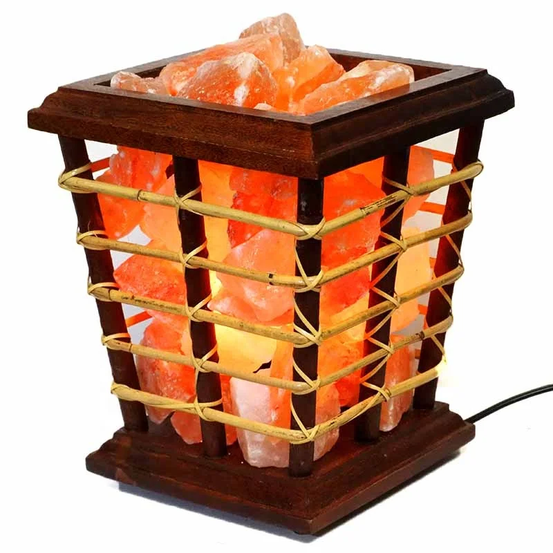Himalayan Salt Lamp with Carved Wooden Basket & Feng Shui Style for Home or Sport Decor Available at Low Prices