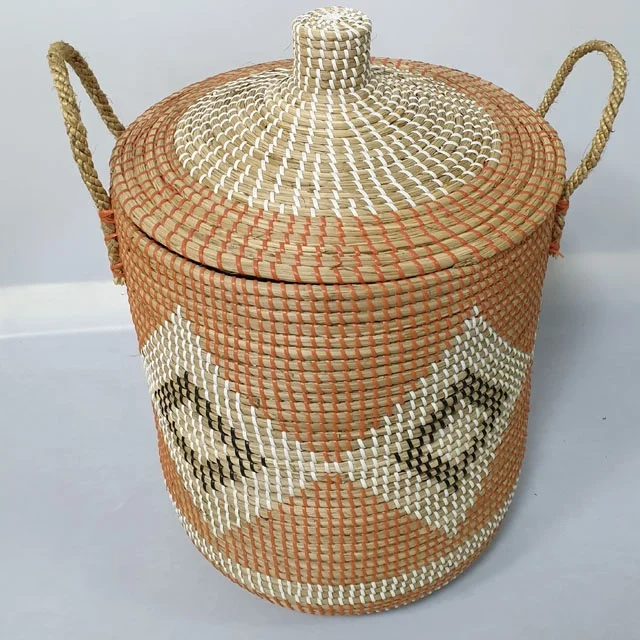 SMETA Manufacture from Vietnam woven wicker craft decoration seagrass household cleaning seagrass laundry basket with lids