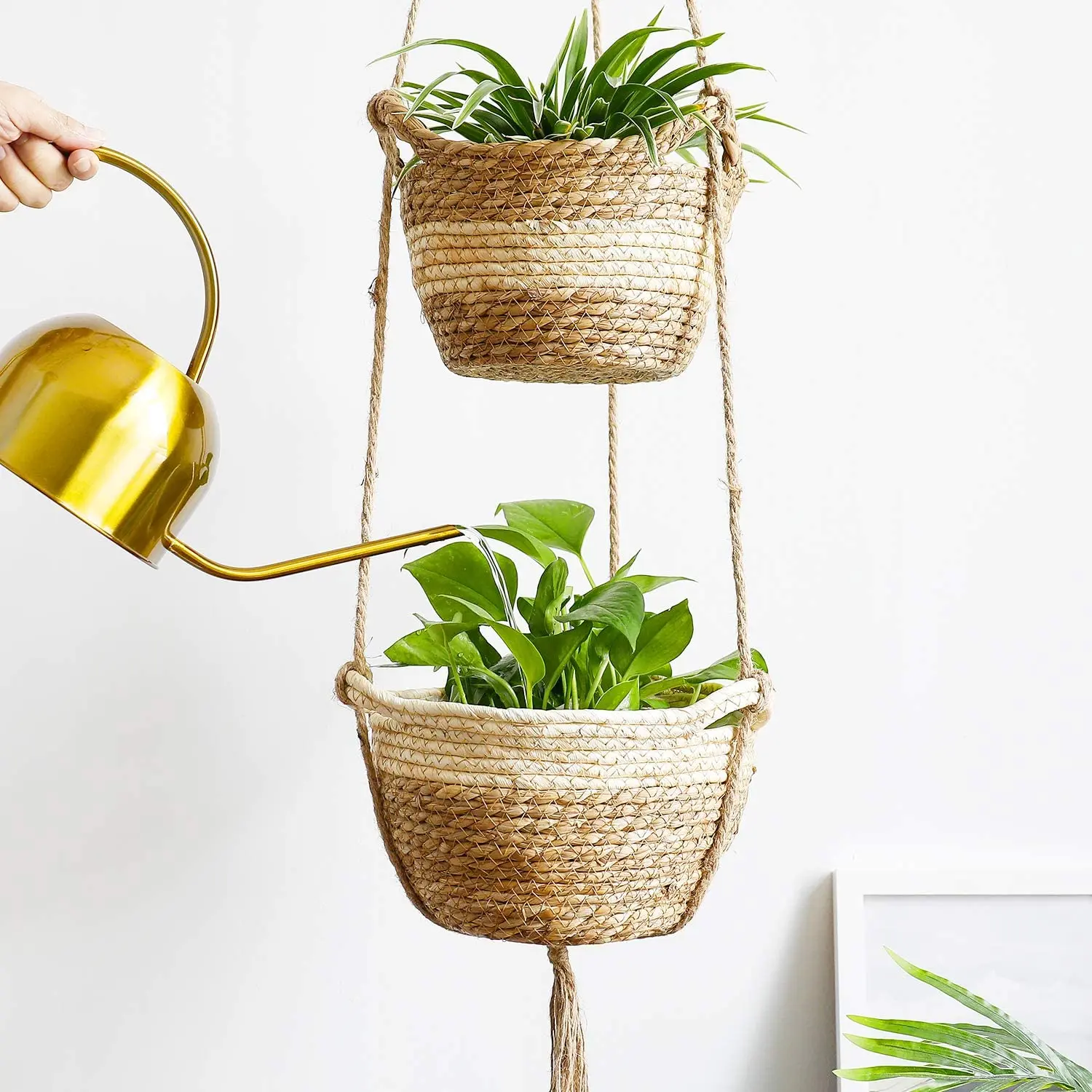 Seagrass Hanging Planters Basket Indoor Two Layers Flower Pot Storage Organizer with Waterproof Plastic Liner