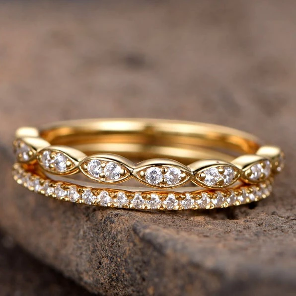925 Sterling Silver CZ wedding band Diamond eternity band stacking rings 2PCS Matching band Half eternity Yellow gold Plated