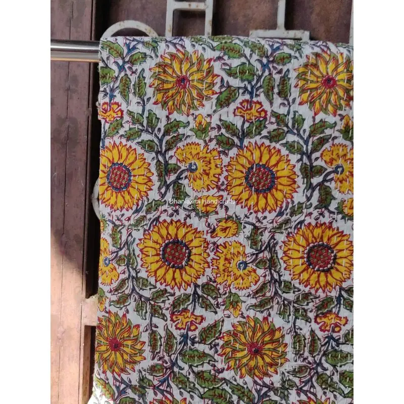 New Multi-Colour Indian Handmade Print Floral Cotton Kantha Quilt Beautiful Wholesale Kantha Bedspread