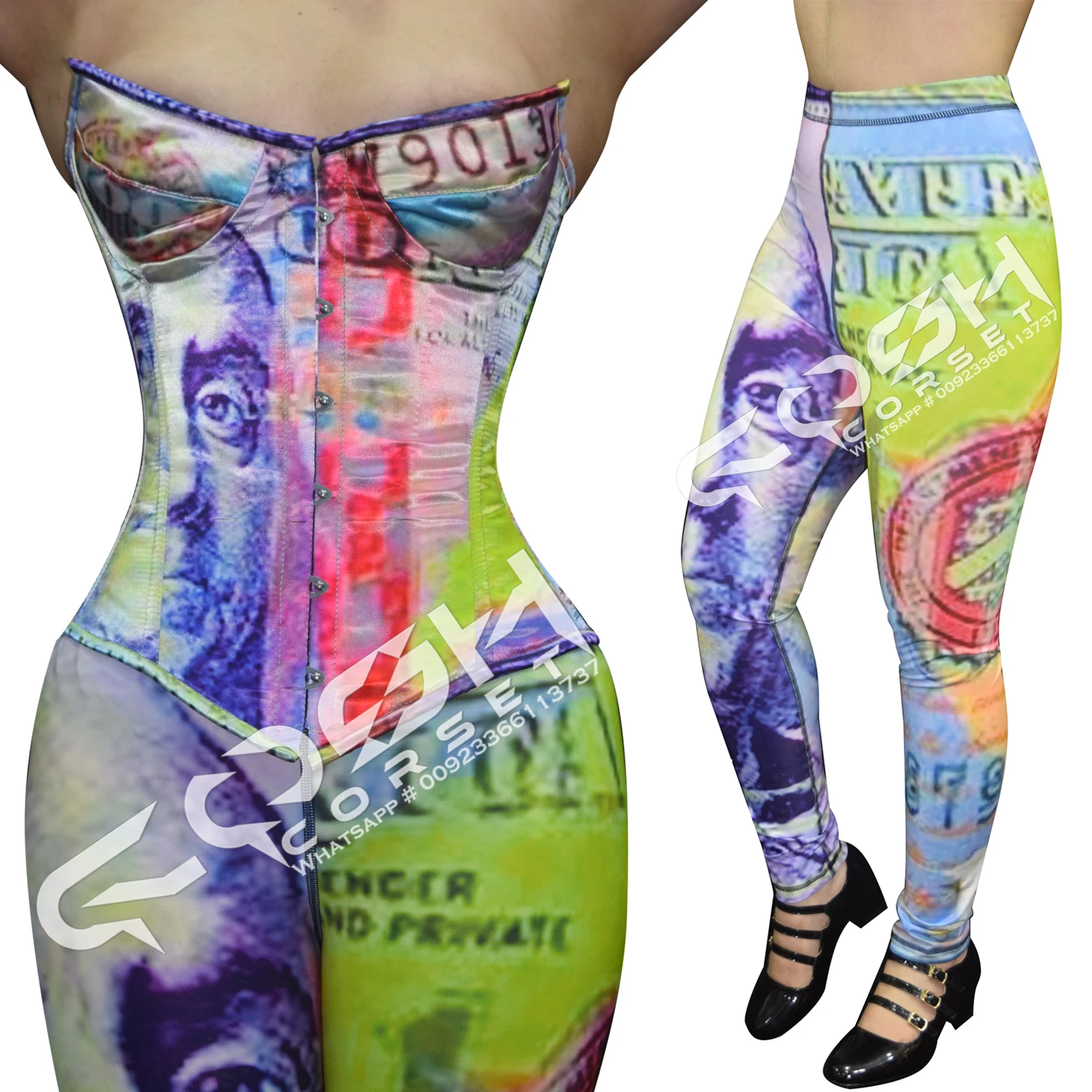 COSH CORSET Overbust Steelboned Digital Printed Sublimated Satin Corset Set New Design Satin Corset With Matching Legging