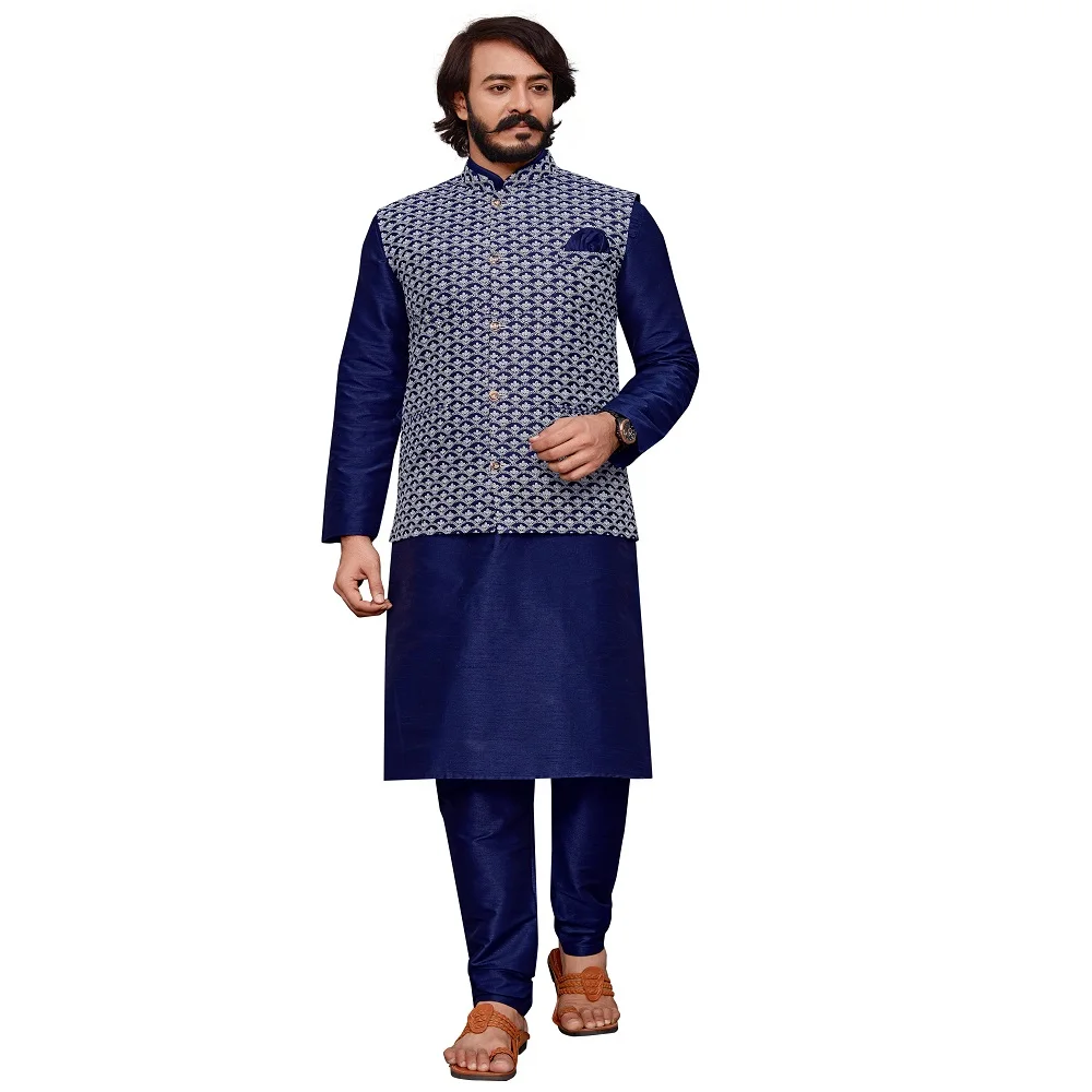 
Lucknowi Work Kurta Pajama With Modi Jacket Mens wear Collection 