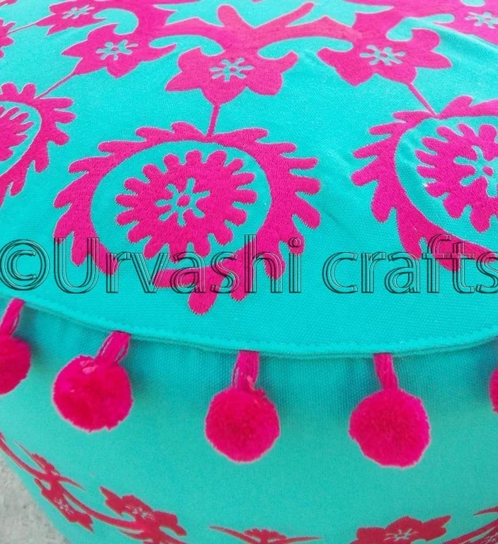 Made in india new gypsy fashion 22X12 inches fluorescent pink with turquoise bohemian ottoman cover folk pouf