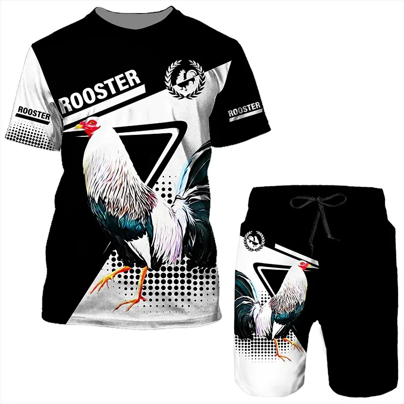 Men Tracksuit 2 Piece Set For Summer Short Sleeve Male Cool Chicken Cock 3D Print T-shirts And Shorts Casual Men Suit