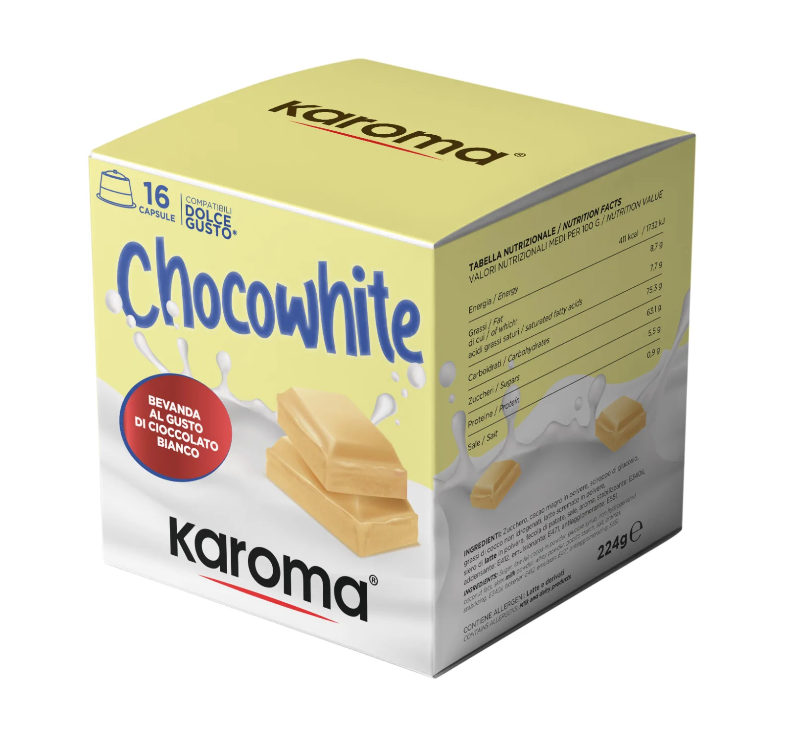 Karoma Chocowhite 16 capsules compatible with Dolce Gusto system flavoured white chocolate Made in Italy Instant Drink