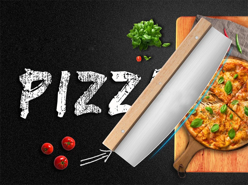 Advertising Custom Logo Blade Wood Handle Knife Slicer Stainless Steel Pizza Cutter Rocker