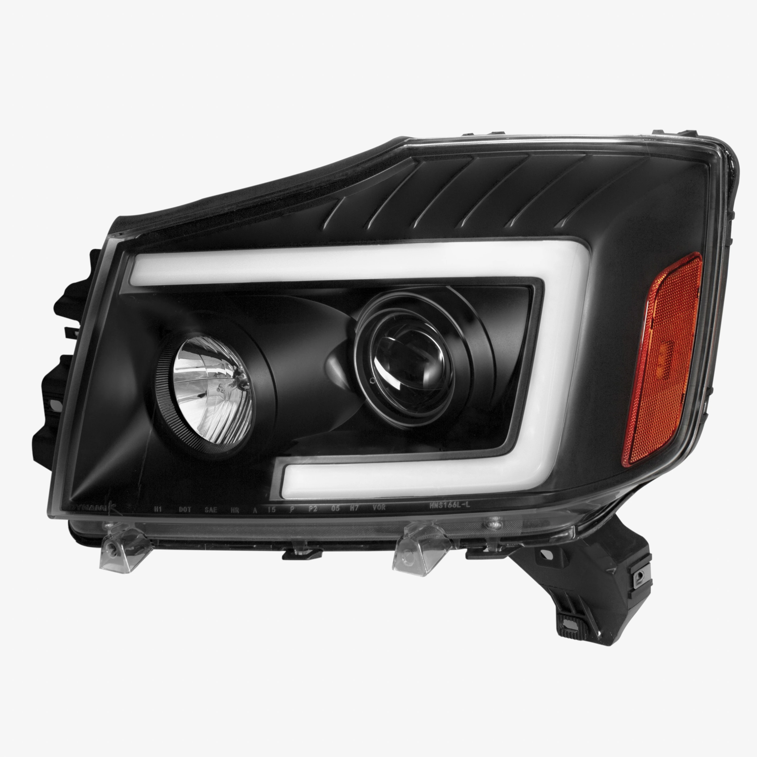 04-15 for Nissan Titan/ 04-07 Armada LED C-Bar Projector Headlights w/ Switchback Sequential Turn Signals (Black /SMOKE)