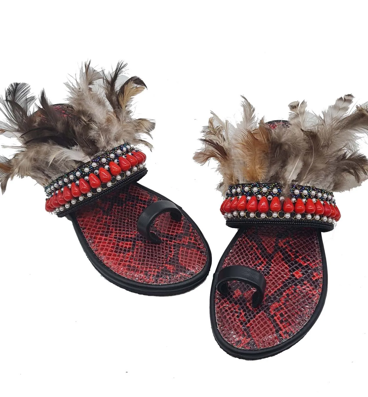 Ethnic Snake Print Ethnic Boho Fashion Style Feather Decoration Crystal Beaded Women Leather Flats Sandal Flip Flop Slippers