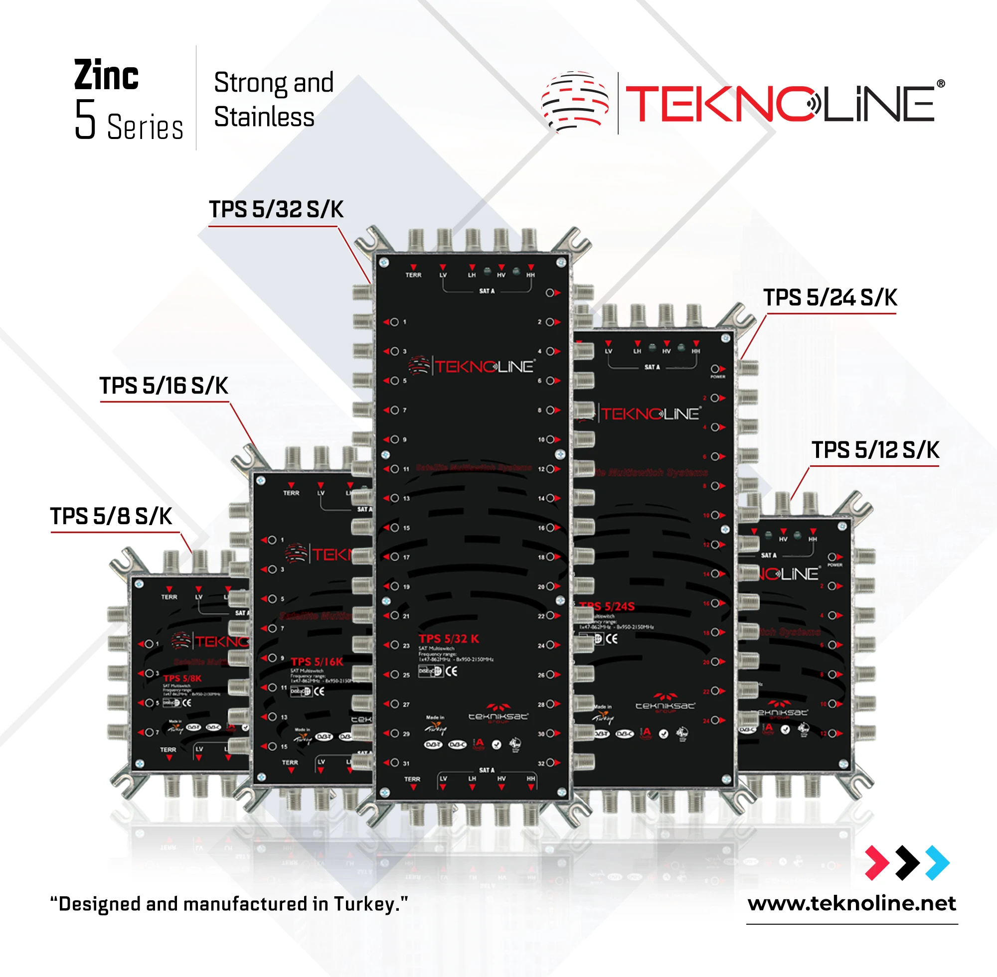 Zinc Series Satellite Multiswitch 5 in 12 out Stand Alone With Led Indicator