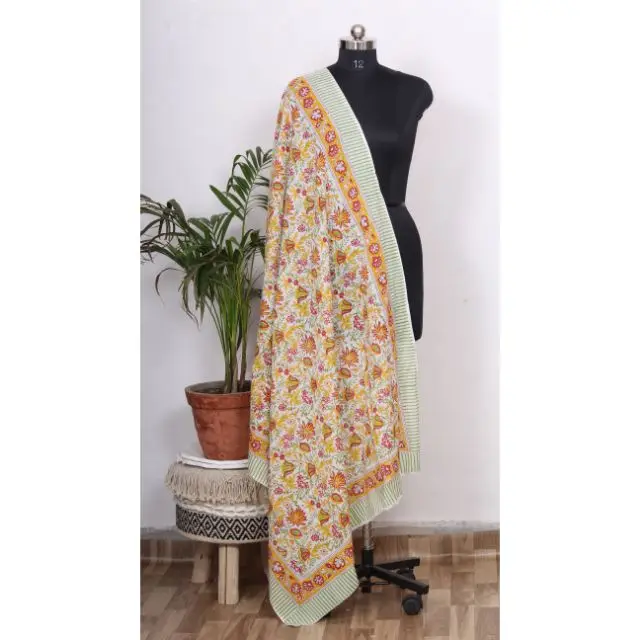 Indian Hand Block Printed Cotton Sarong Jaipuri Hand Made Set Natural Colored Scarf Sanganeri Print Gift For Mother Day
