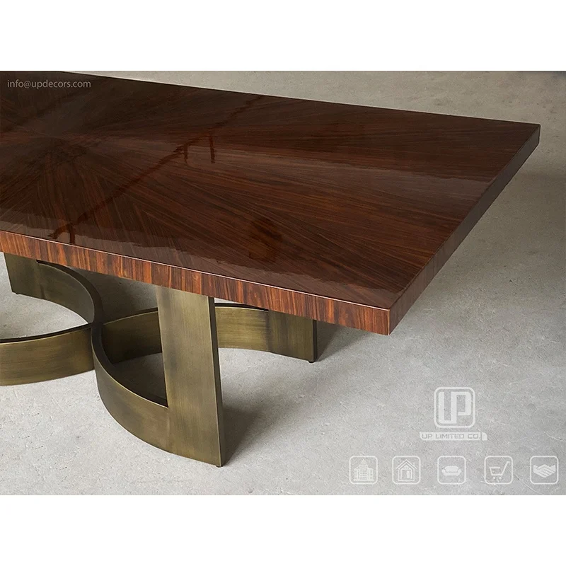 Exclusive Design Customized  Antique Dining Table  Stainless Steel Luxury Bronze Base Wooden Top Dining Tables