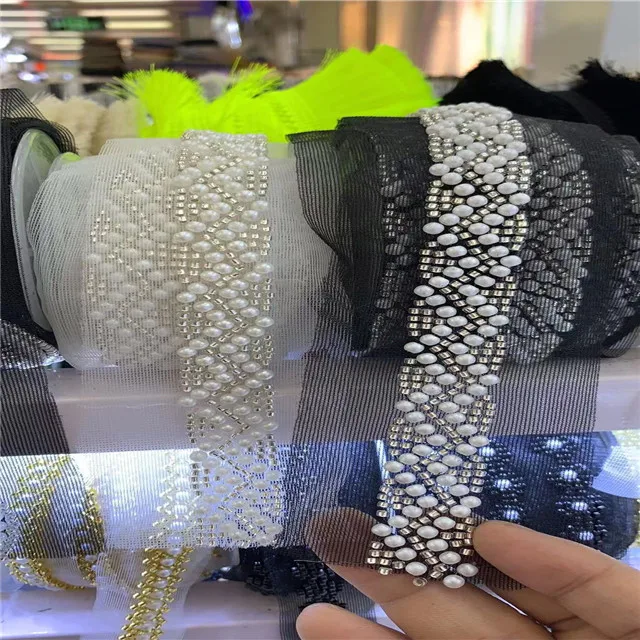 Exquisite garment dress bugle bead rhinestone lace tape trimming,handmade heavy beading lace ribbon tape