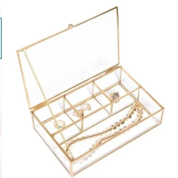Decorative Jewelry Box and Copper Metal Clear Glass Organizers Storage Accent Wedding Bridal Party Gift 10x7x4 Inch