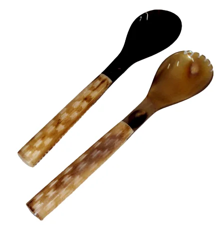 Natural Horn and Resin Salad Server Solid Buffalo horn Fork and Spoon With Resin Handle
