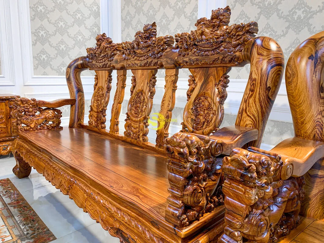 
Rosewood living room furniture set with carved dragons and unicorns 