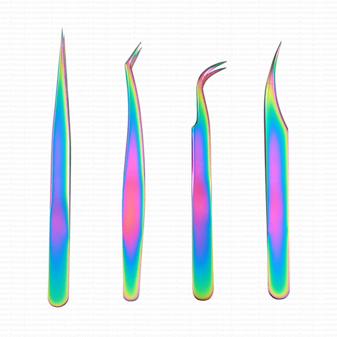 Rainbow Straight Isolation Curved Volume Eyelash Extension Tweezers Custom Logo Private Label Stainless Steel Wholesale