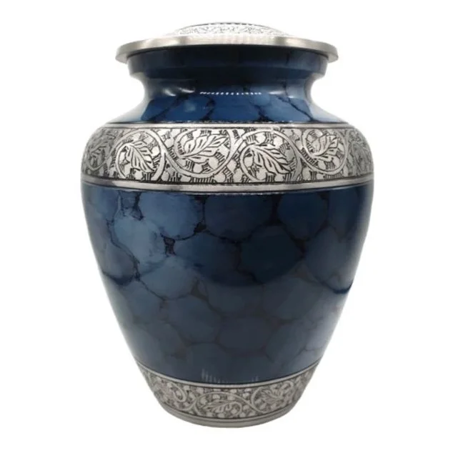 Dark blue & black color aluminium metal cremation small size  engraved flower climbing funeral urns  designs for keepsake ashes