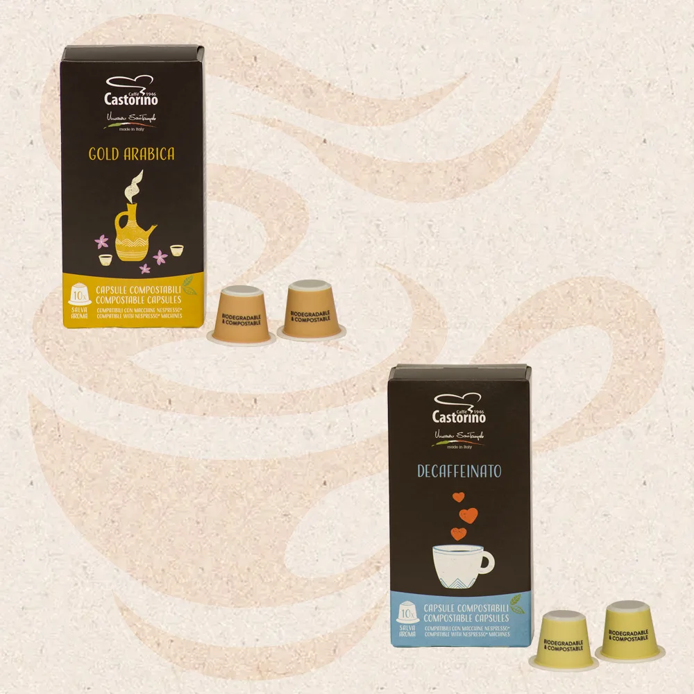Premium quality Castorino Italian Coffee NESPRESSO Compatible 1 box GOLD ARABICA and 1 box DECAFFEINATED for home / HO.RE.CA.